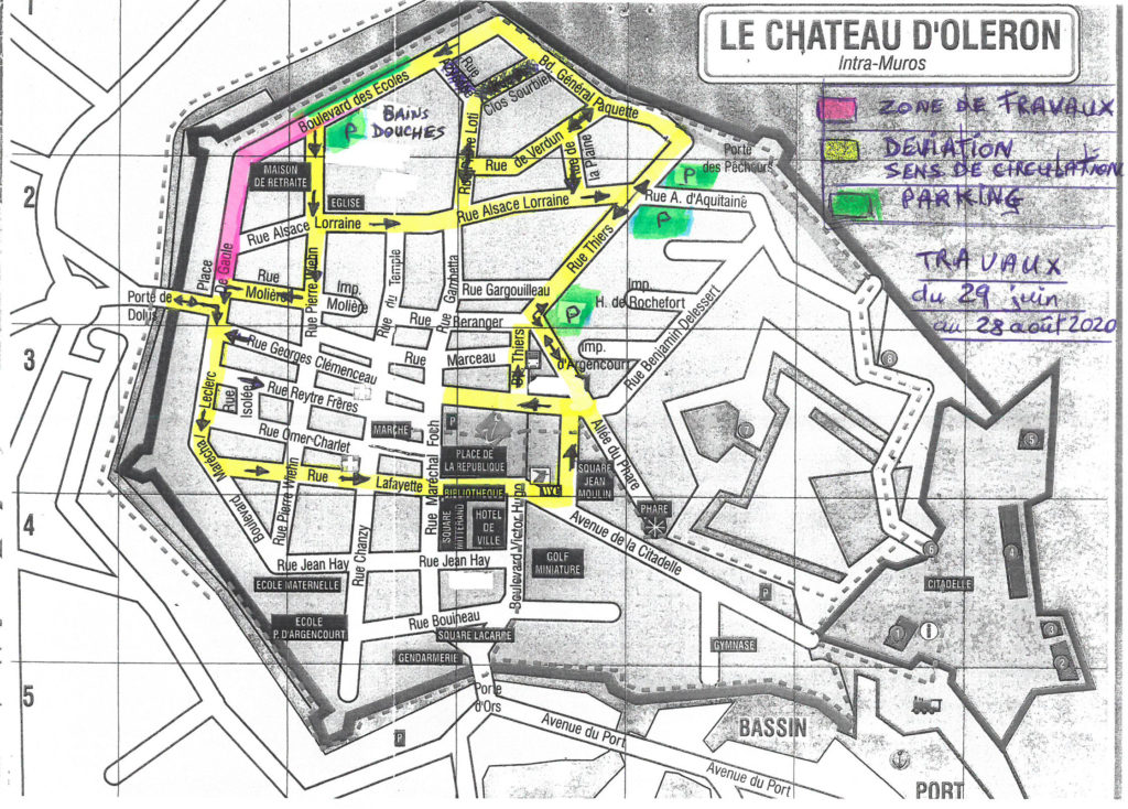 PLAN DE CIRCULATION TRAVAUX CENTRE-BOURG DU CHATEAU D'OLERON DU 29 JUIN AU 28 AOÛT 2020